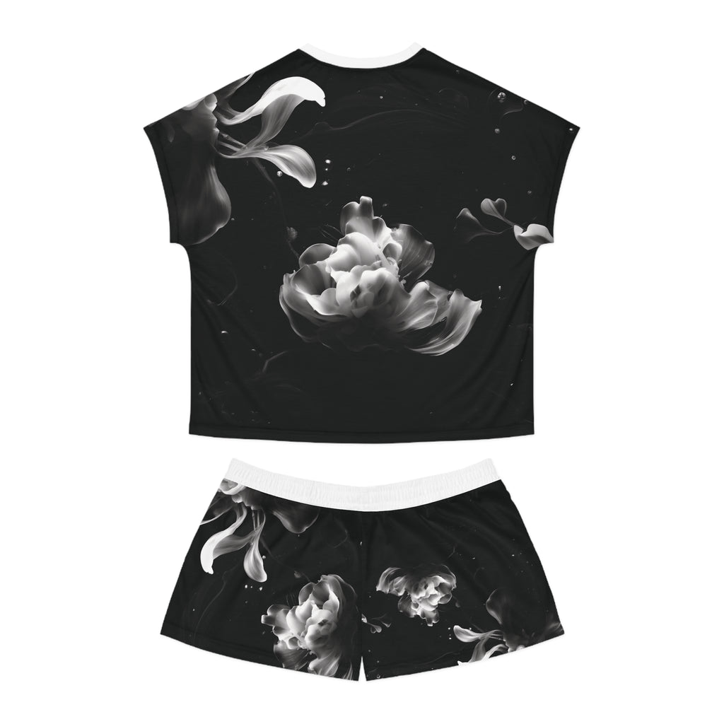 Dark Water Petals: Short Pajama Set — Black & White Cozy Loungewear