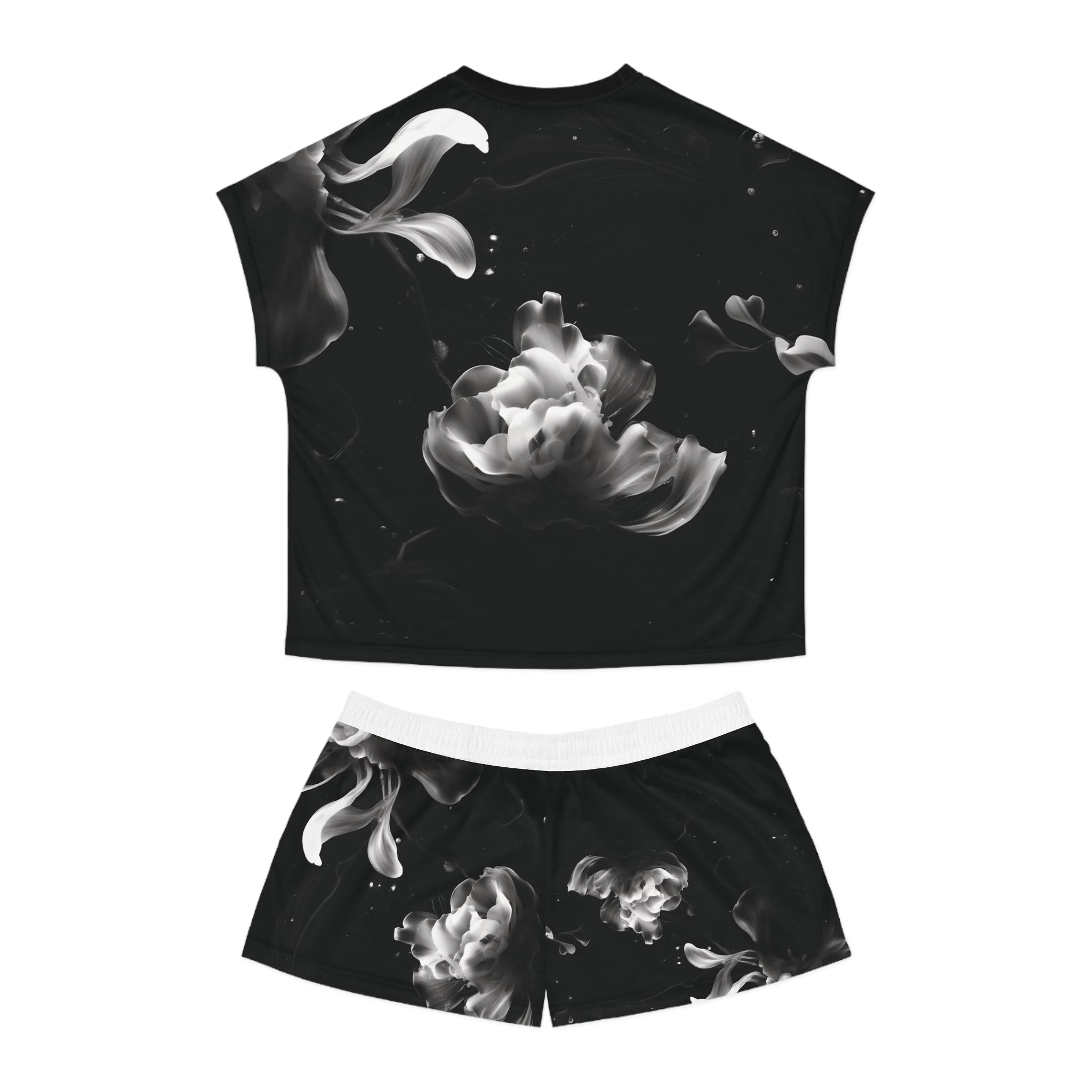 Dark Water Petals: Short Pajama Set — Black & White Cozy Loungewear