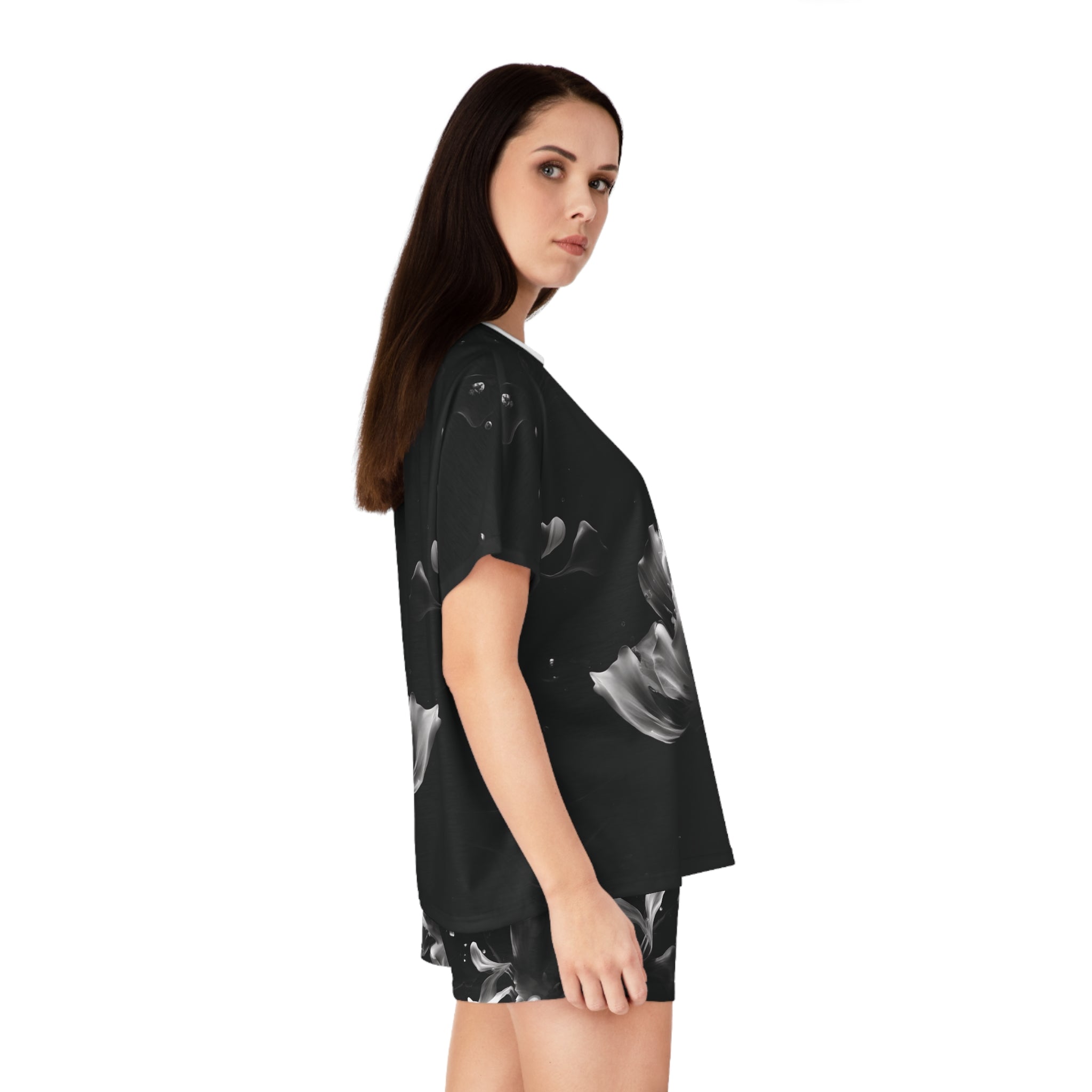 Dark Water Petals: Short Pajama Set — Black & White Cozy Loungewear