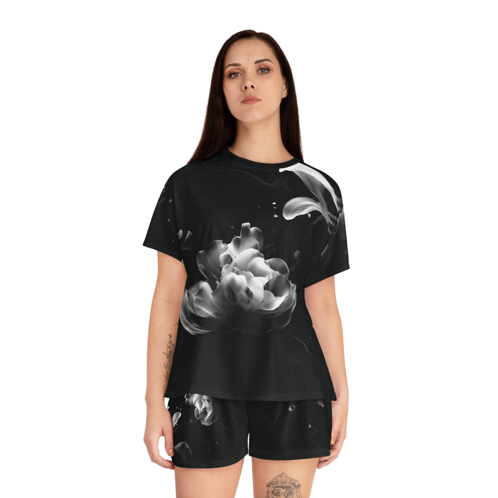 Dark Water Petals: Short Pajama Set — Black & White Cozy Loungewear