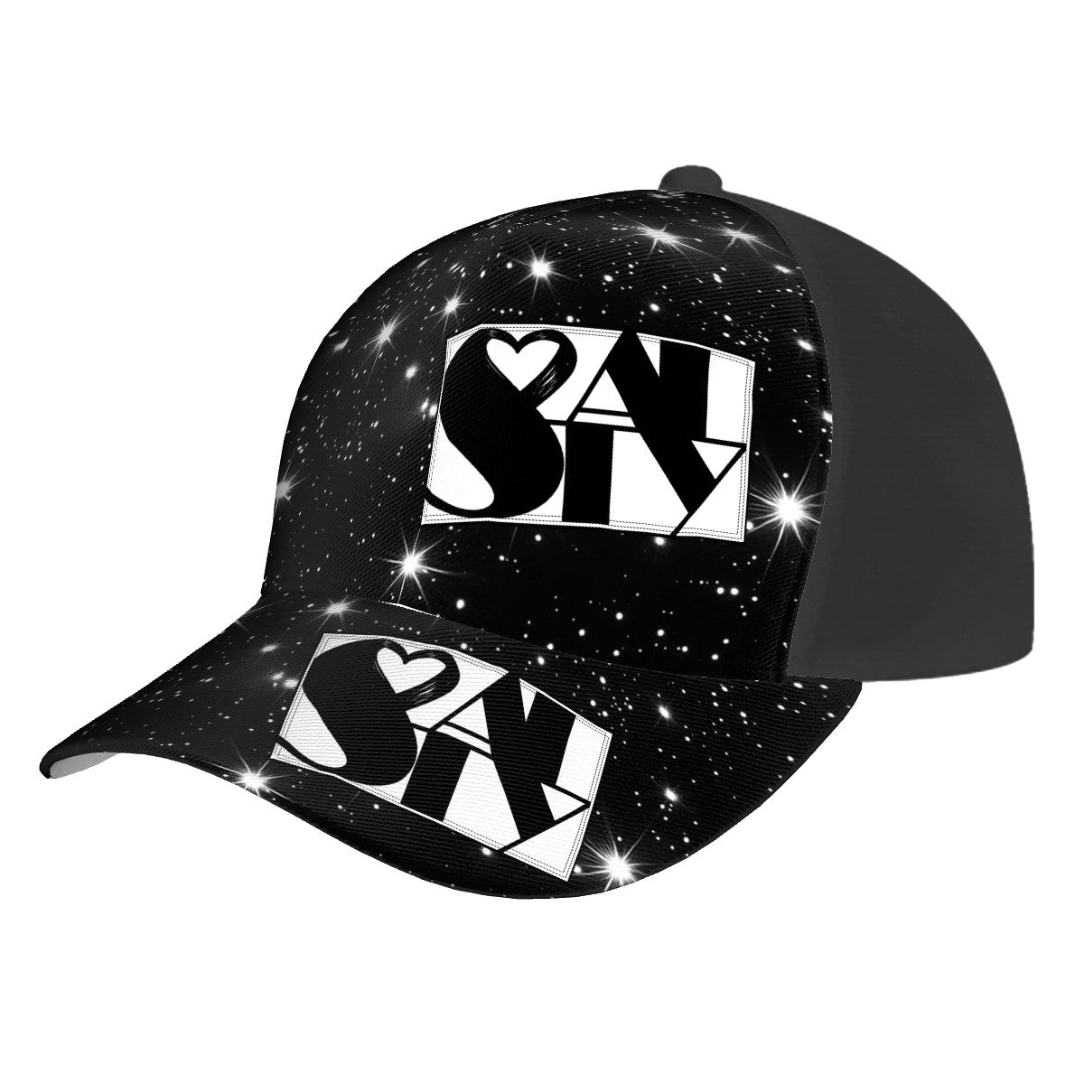 Twinkly Merch Baseball Cap (Single Design) Twinkling Starfield Bamp;W Bauhaus Text Logo Heart Thin Border