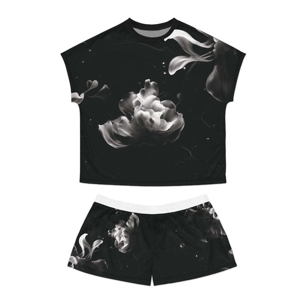 Dark Water Petals: Short Pajama Set — Black & White Cozy Loungewear