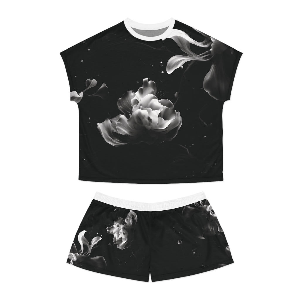 Dark Water Petals: Short Pajama Set — Black & White Cozy Loungewear