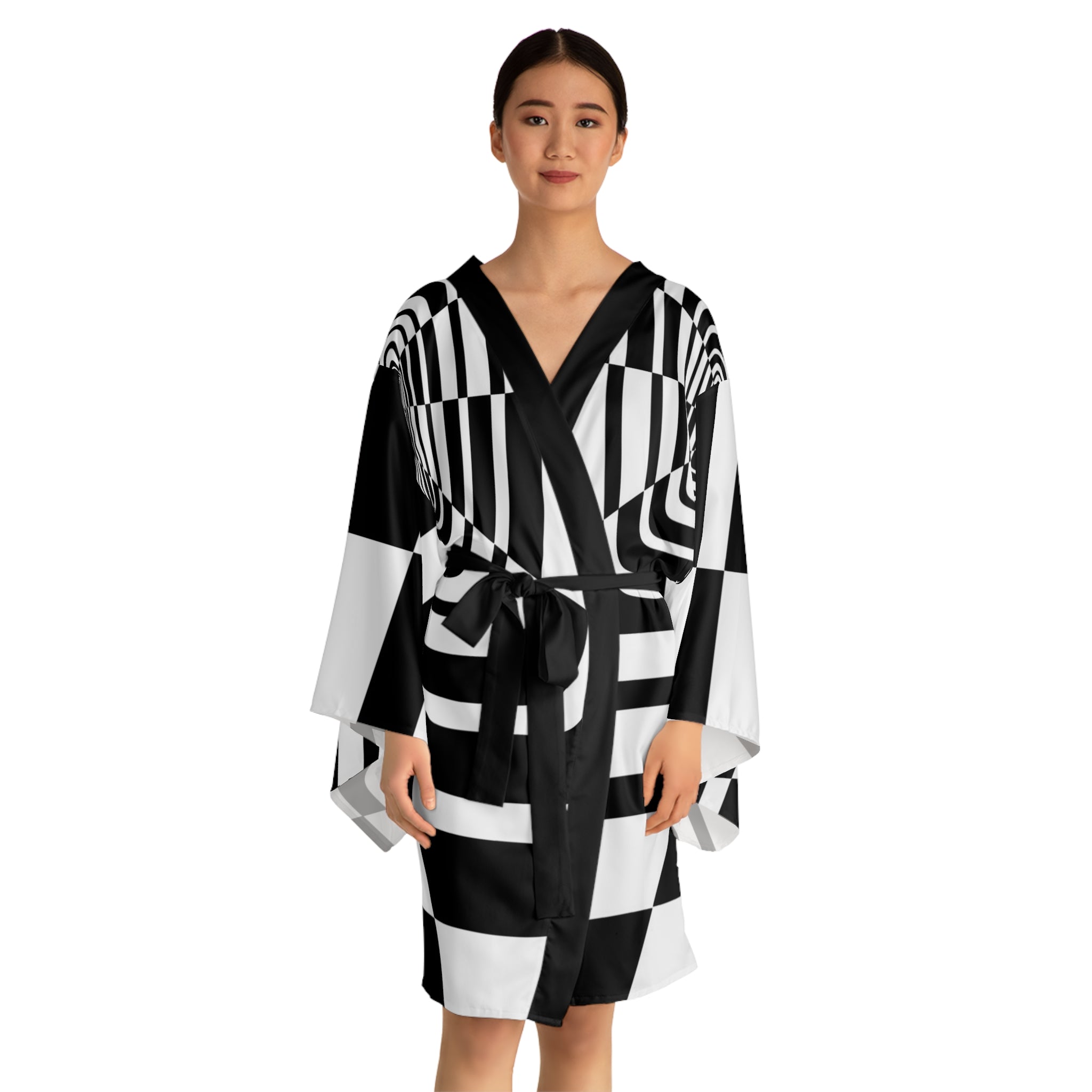 Black and White Long Sleeve Kimono Robe