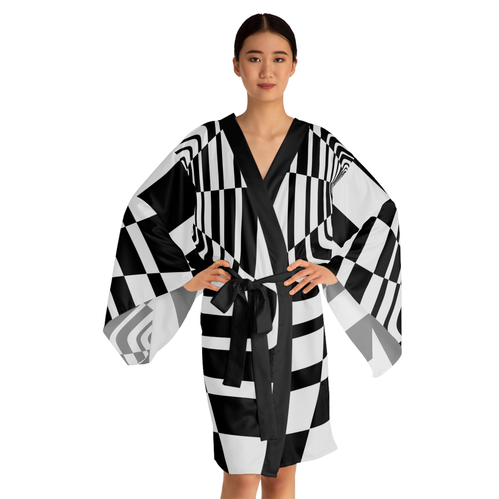 Black and White Long Sleeve Kimono Robe