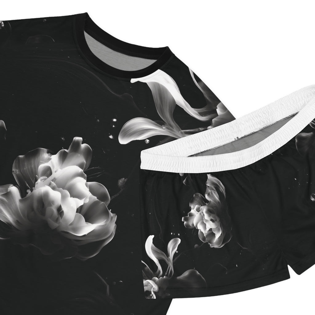 Dark Water Petals: Short Pajama Set — Black & White Cozy Loungewear