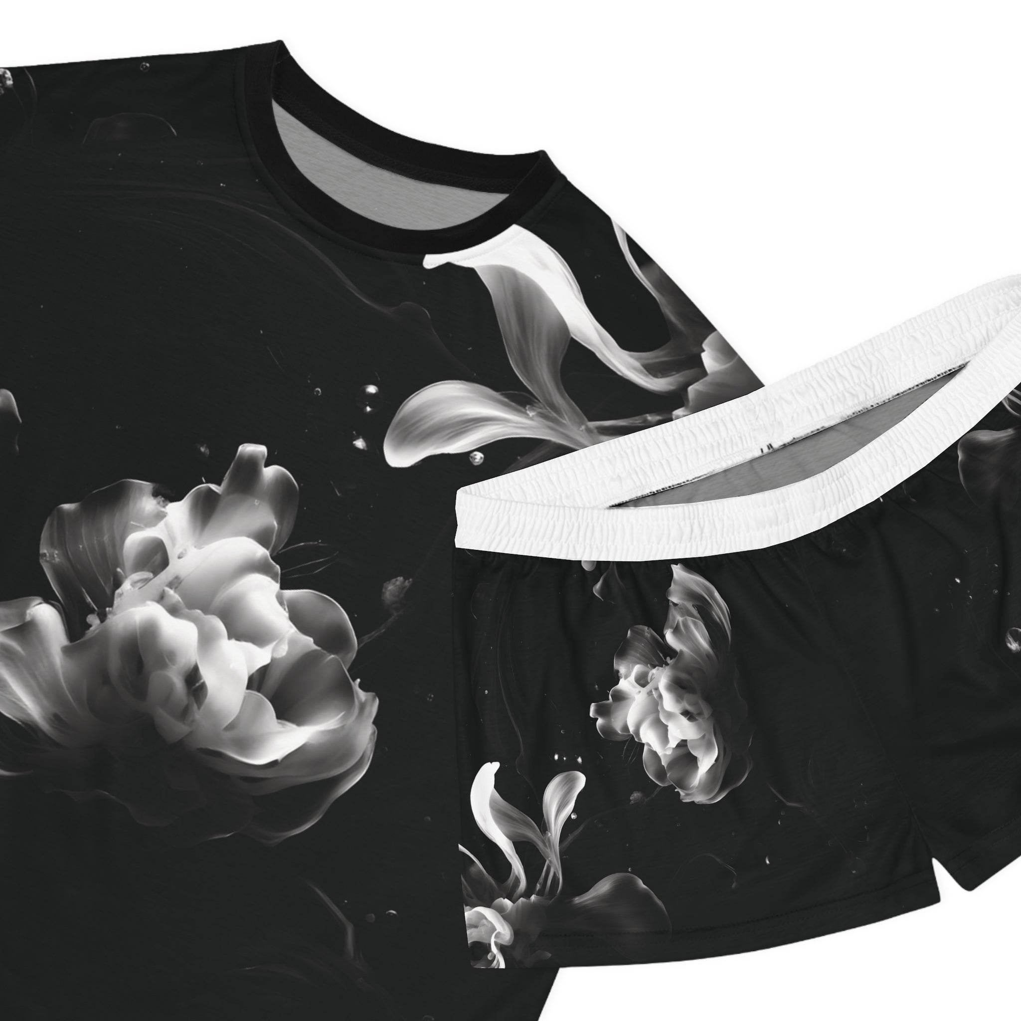 Dark Water Petals: Short Pajama Set — Black & White Cozy Loungewear