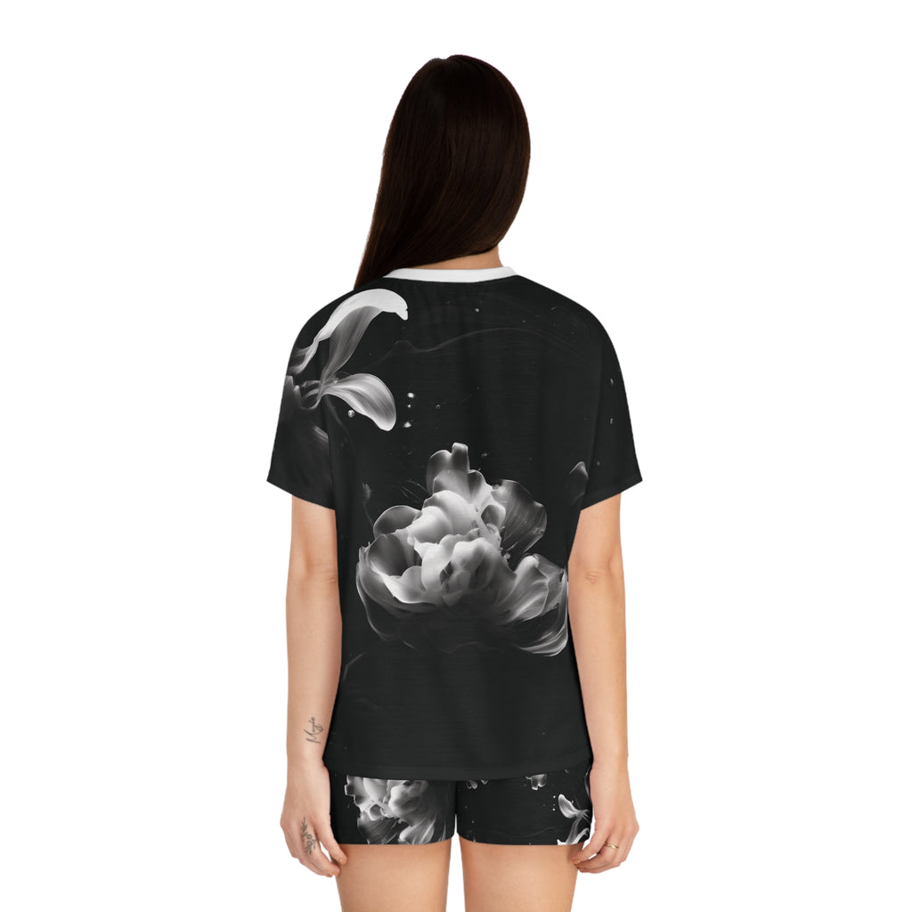 Dark Water Petals: Short Pajama Set — Black & White Cozy Loungewear