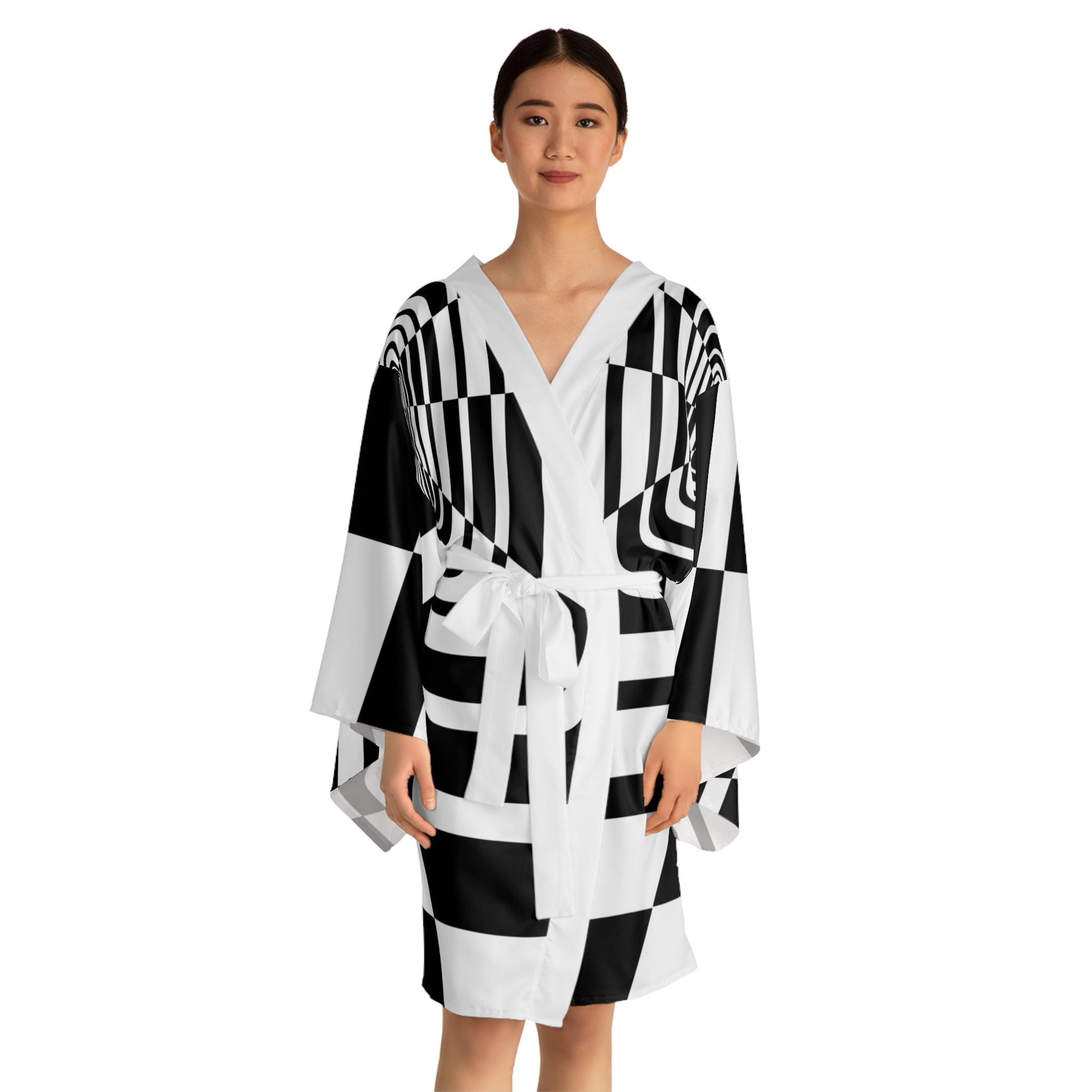 Black and White Long Sleeve Kimono Robe