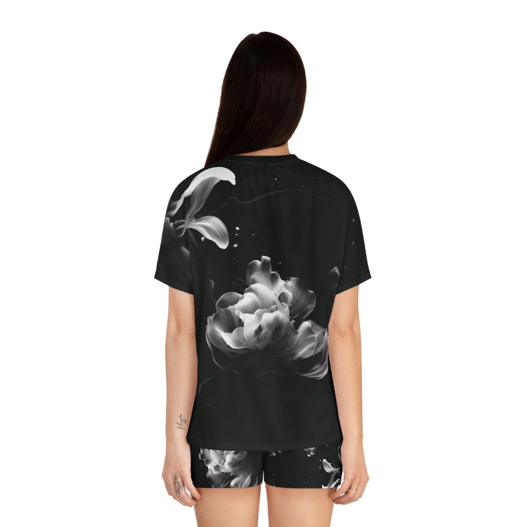 Dark Water Petals: Short Pajama Set — Black & White Cozy Loungewear