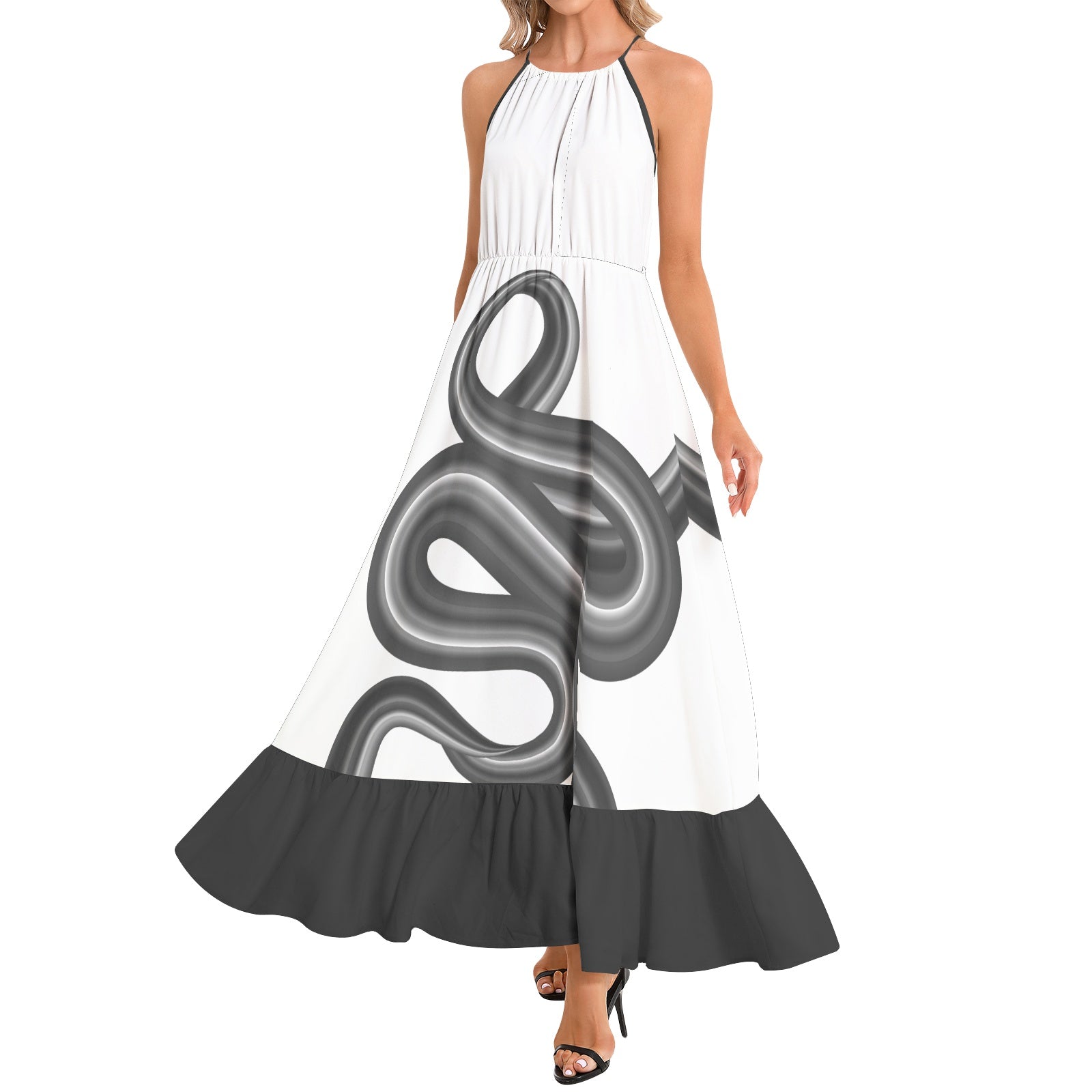 Roller Coaster Ruffle Hem Halter Neck Maxi Dress