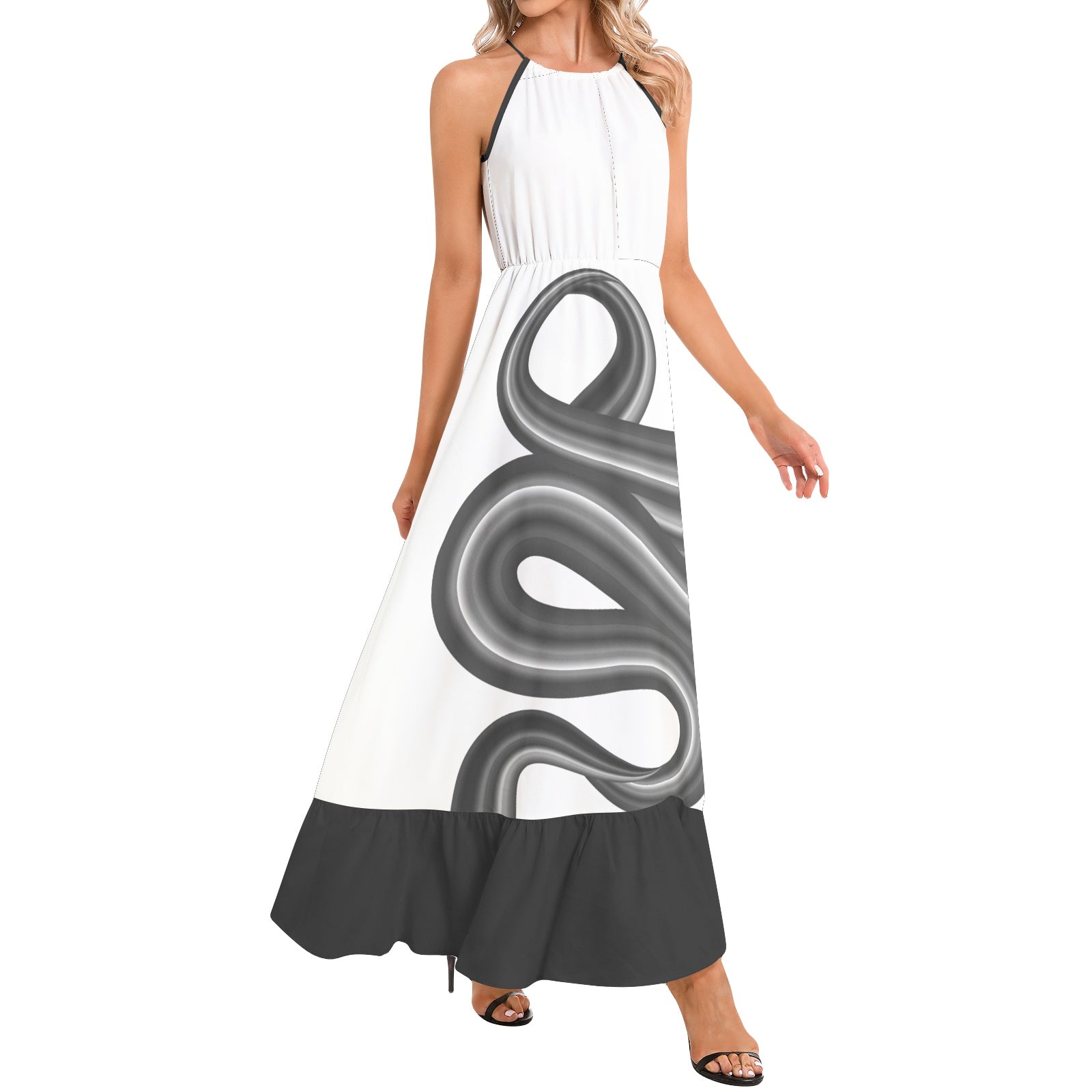 Roller Coaster Ruffle Hem Halter Neck Maxi Dress