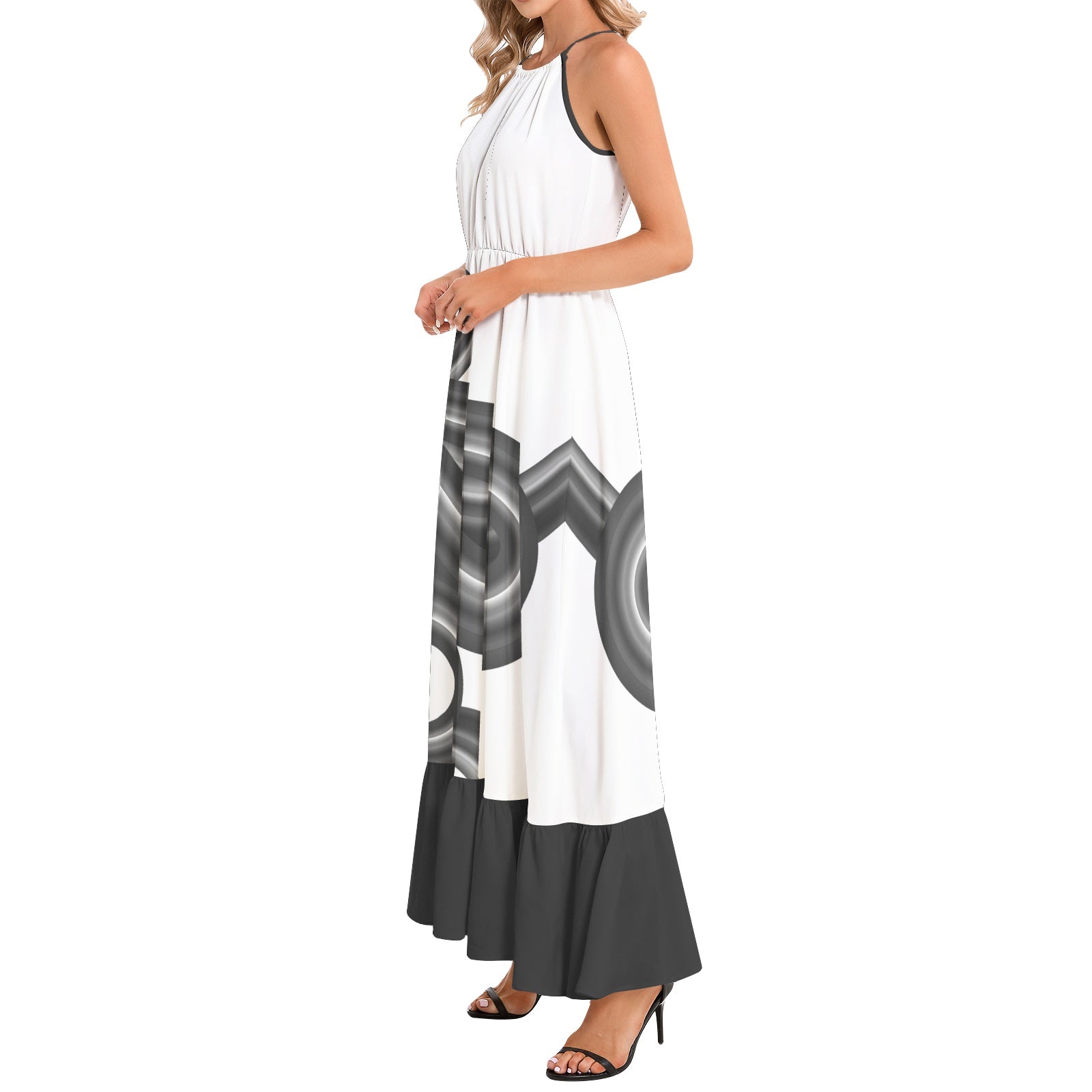 Roller Coaster Ruffle Hem Halter Neck Maxi Dress