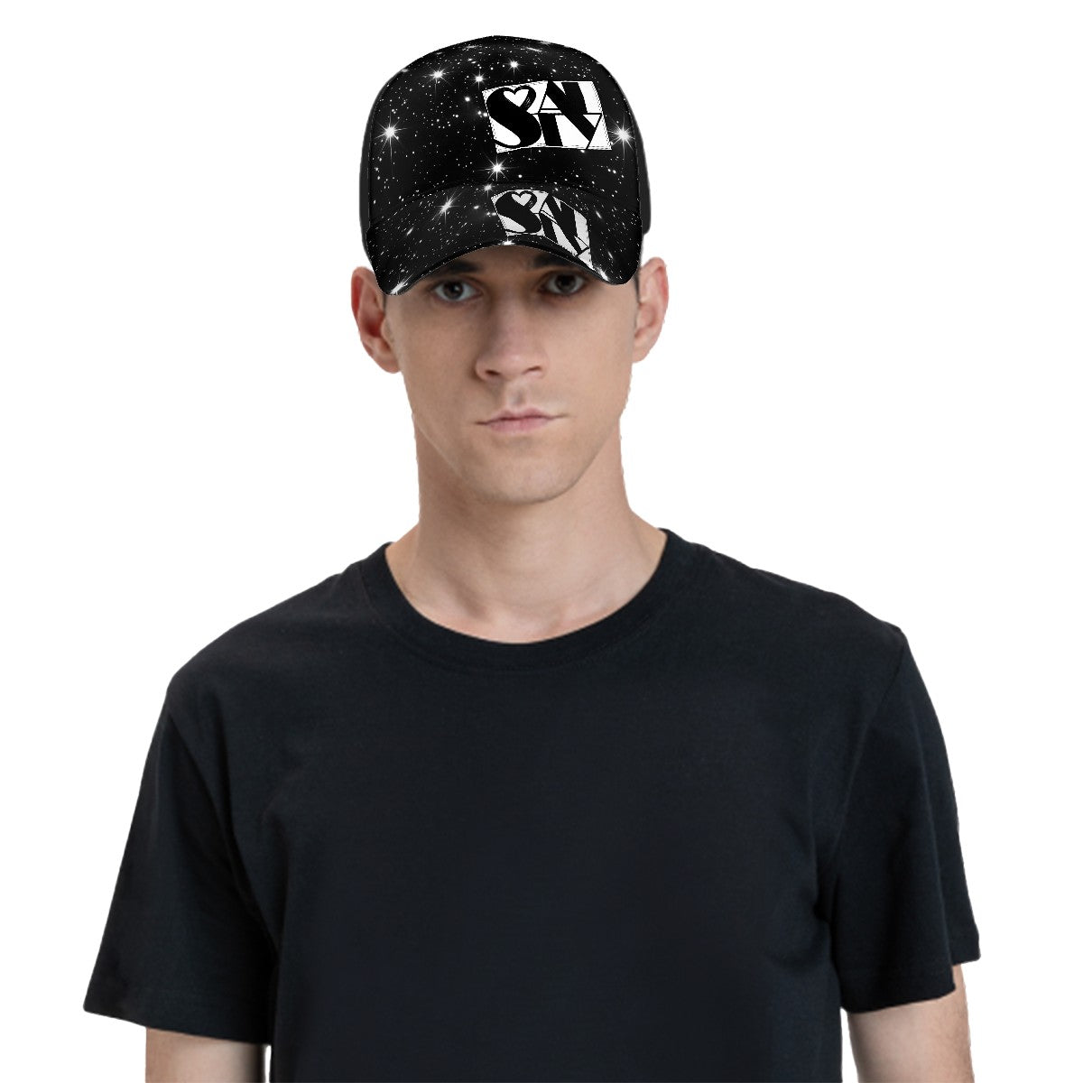 Twinkly Merch Baseball Cap (Single Design) Twinkling Starfield Bamp;W Bauhaus Text Logo Heart Thin Border