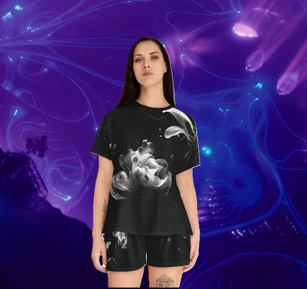 Dark Water Petals: Short Pajama Set — Black & White Cozy Loungewear