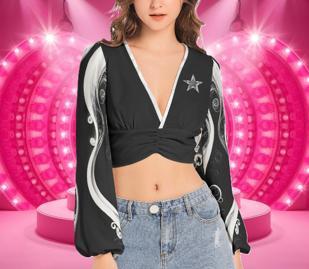 Star Beauty - Women's Deep V-Neck Lantern Sleeve Crop Top