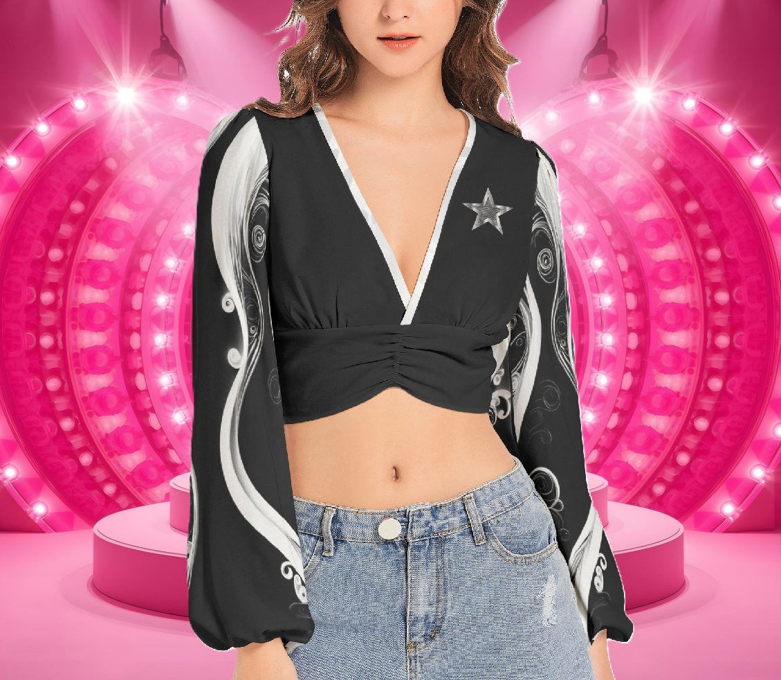 Star Beauty - Women's Deep V-Neck Lantern Sleeve Crop Top