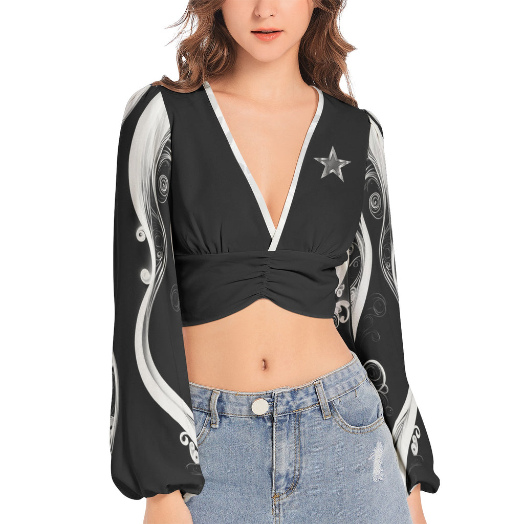 Star Beauty - Women's Deep V-Neck Lantern Sleeve Crop Top