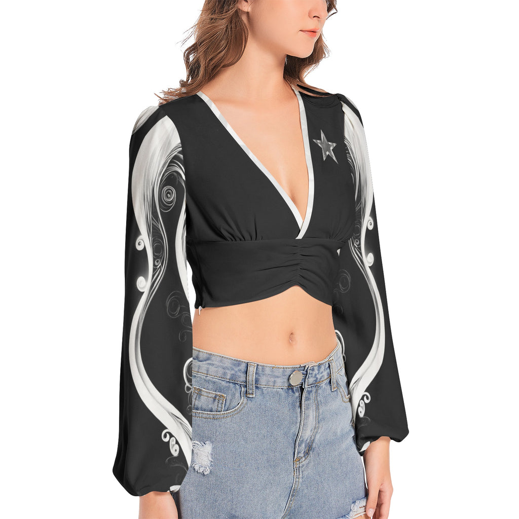 Star Beauty - Women's Deep V-Neck Lantern Sleeve Crop Top