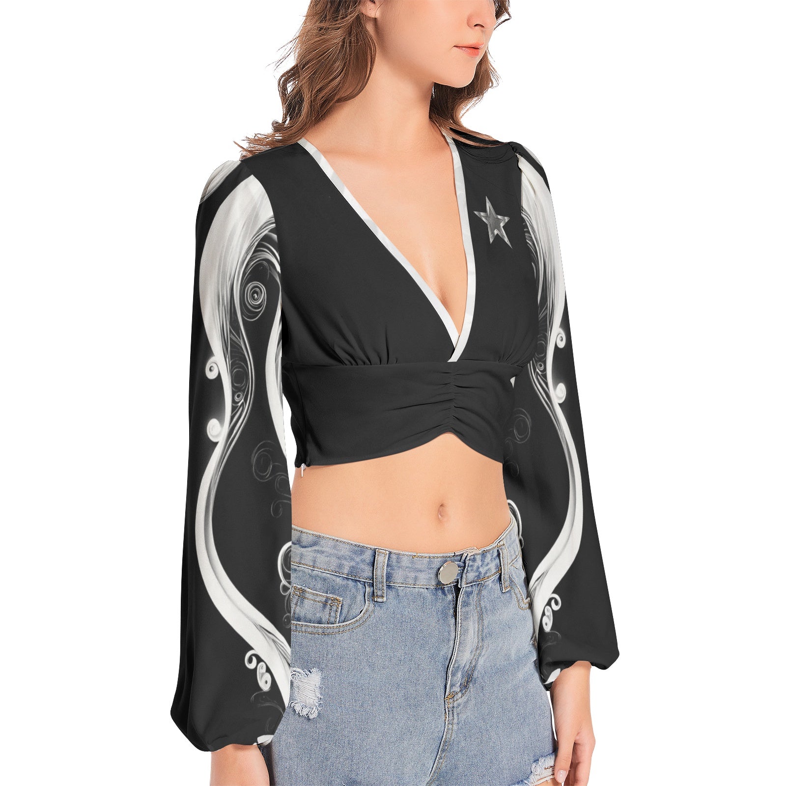 Star Beauty - Women's Deep V-Neck Lantern Sleeve Crop Top