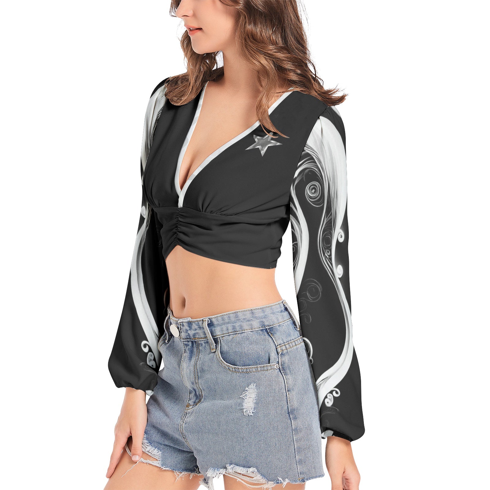 Star Beauty - Women's Deep V-Neck Lantern Sleeve Crop Top