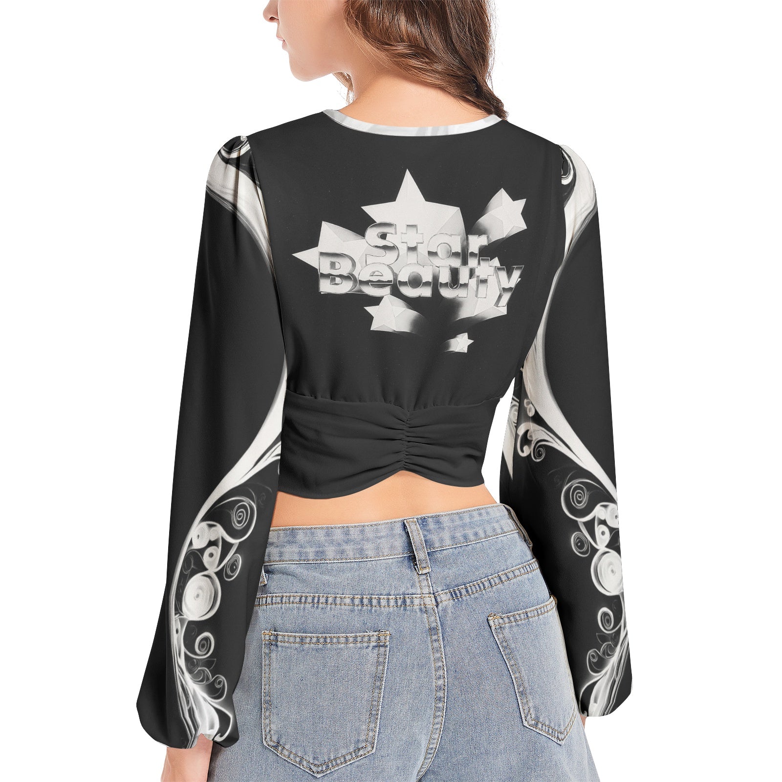 Star Beauty - Women's Deep V-Neck Lantern Sleeve Crop Top